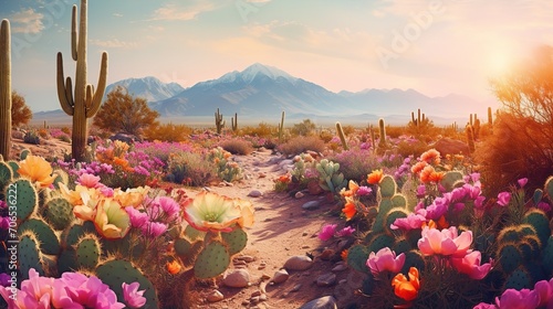 Desert Bloom Oasis with Cacti - AI Generated