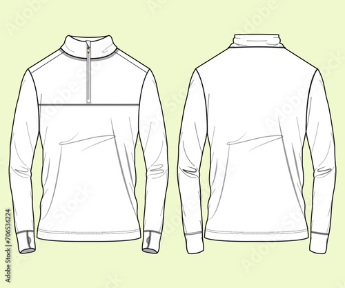 Funnel neck sports activewear sweatshirt flat sketch, Zipper Sweatshirt Design Template Vector. Sweatshirt fashion illustration.