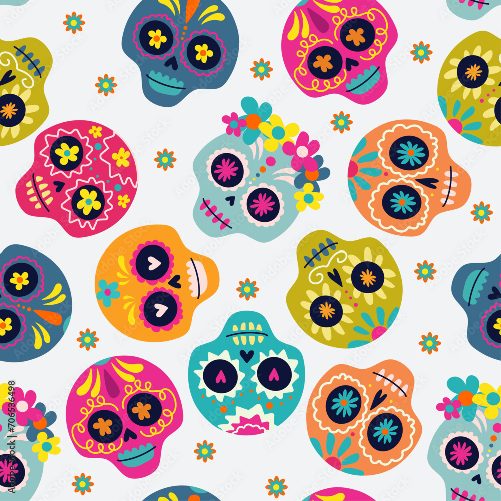 Сolorful skull cute pattern, mexican day of the dead. Seamless pattern of Halloween Day of the Dead. Vector Design. Сolorful skull cute pattern, mexican day of the dead. Seamless pattern of Halloween Day of the Dead. Vector Design.