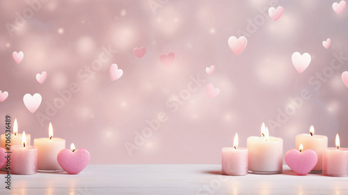 Burning candles with hearts on light background.  valentines day concept.