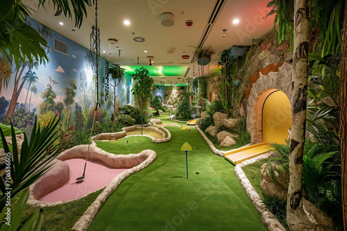 A playroom with a mini golf course, featuring whimsical obstacles and putters