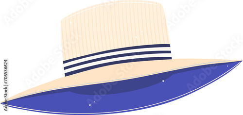 Beige boater hat with blue ribbon isolated on a white backdrop. Elegant summer headwear fashion accessory. Classic men s style vector illustration.