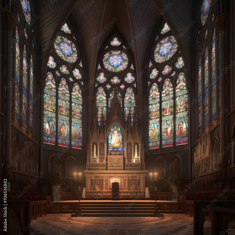 St. Patrick's Day Rays: Spiritual Glow in a Stained Glass Church AI-Generative