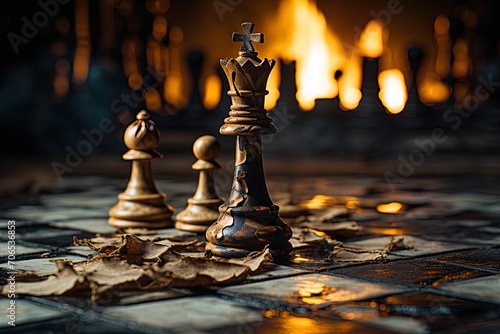 Schachbrett mit Schachfigur König und Bauer und Feuer im Hintergrund