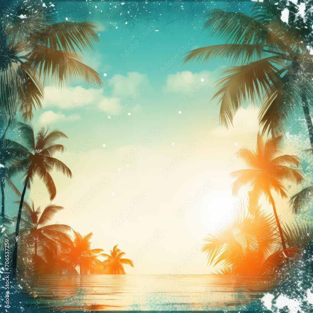 Serene Beach Scene With Palm Trees and Sun