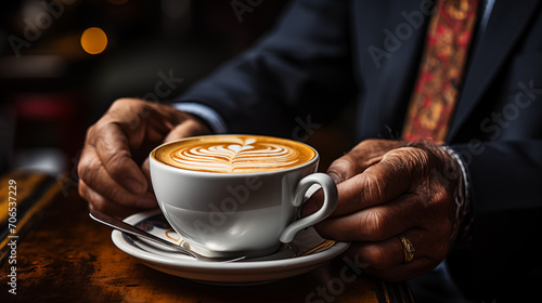 Close up of old man hands holding a cup of latte art coffee