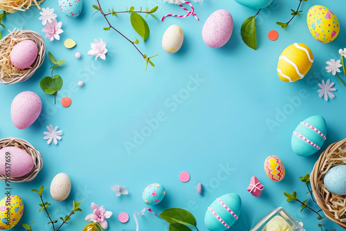 Cheerful easter decoration on blue background