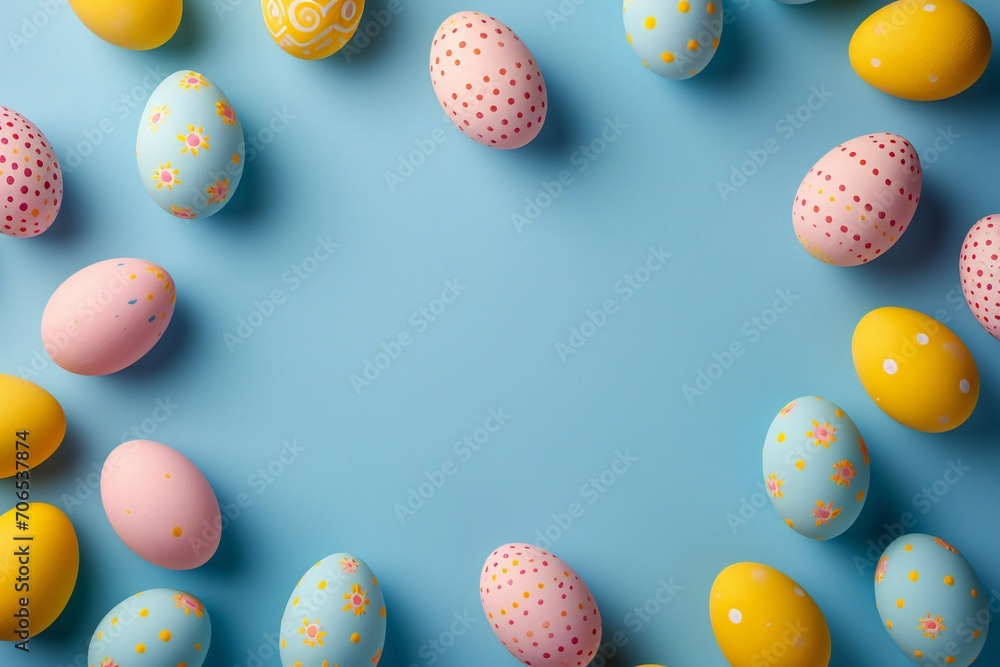 Easter decor concept. Top view photo of yellow pink blue easter eggs on isolated pastel blue background with blank space in the middle