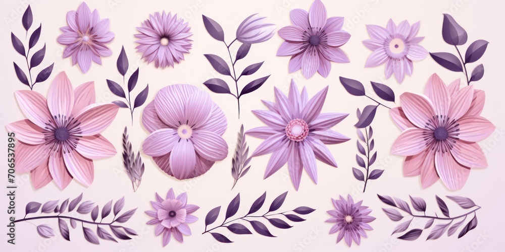 Purple pastel template of flower designs with leaves and petals