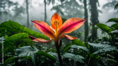 Flower in spring tropical rainforest  clouds over a wet forest  plant growth and environmental protection concept  wild jungle  springtime