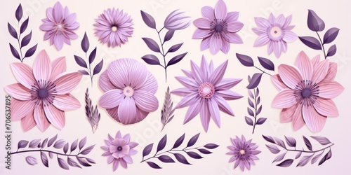 Purple pastel template of flower designs with leaves and petals