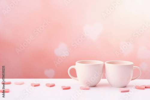 Two cups of coffee with heart shaped candies on a pink background.