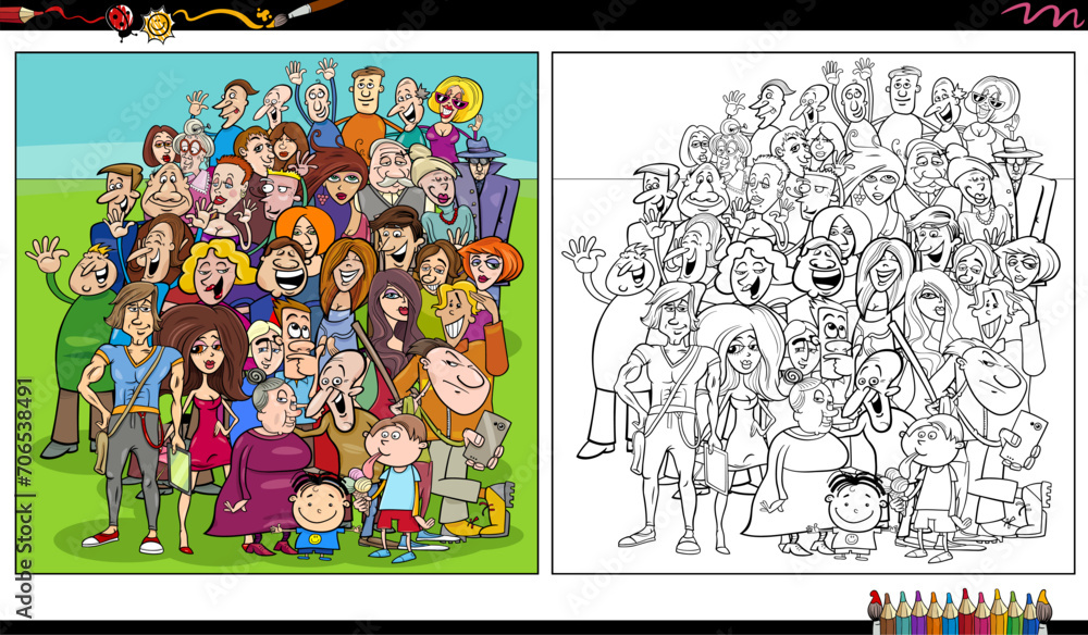 Fototapeta premium crowd of funny comic people characters group coloring page