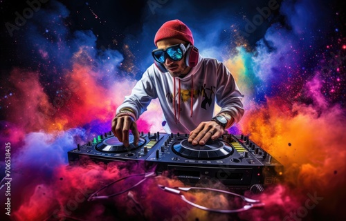 Man Mixing Music With Red Hat and Sunglasses
