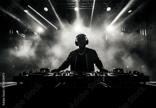 DJ Mixing on Stage With Headphones, Live Music Performance