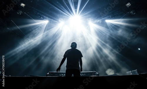 Man Standing in Front of Stage With Bright Lights