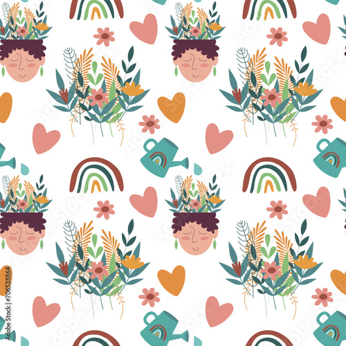 Seamless mental health pattern. Flowers, character, watering can, water and hearts. Beautiful spring composition about self-care