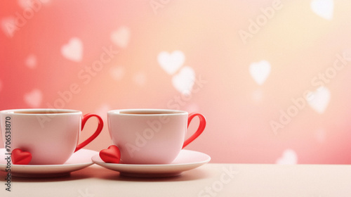Two cups of coffee on the table with hearts bokeh background.