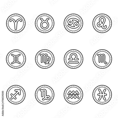 Zodiac signs, icons, badges. Vector black and white illustration, coloring book.