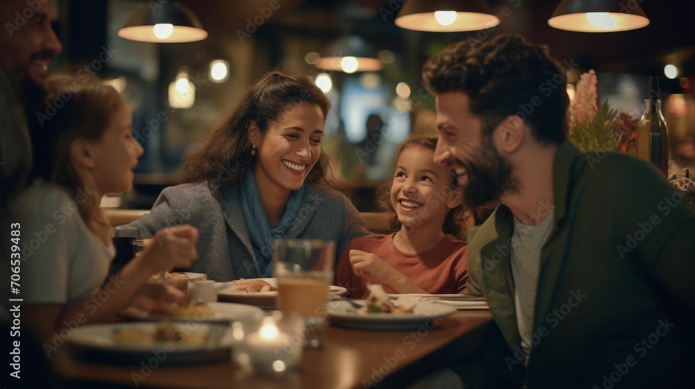 A Delightful Family Feast: Capturing the Radiance of a Happy Family as They Convene at a Cozy Restaurant, Reveling in Culinary Bliss, Sharing Smiles, Creating Timeless Memories, and Embracing the Warm