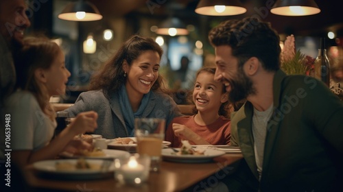 A Delightful Family Feast  Capturing the Radiance of a Happy Family as They Convene at a Cozy Restaurant  Reveling in Culinary Bliss  Sharing Smiles  Creating Timeless Memories  and Embracing the Warm