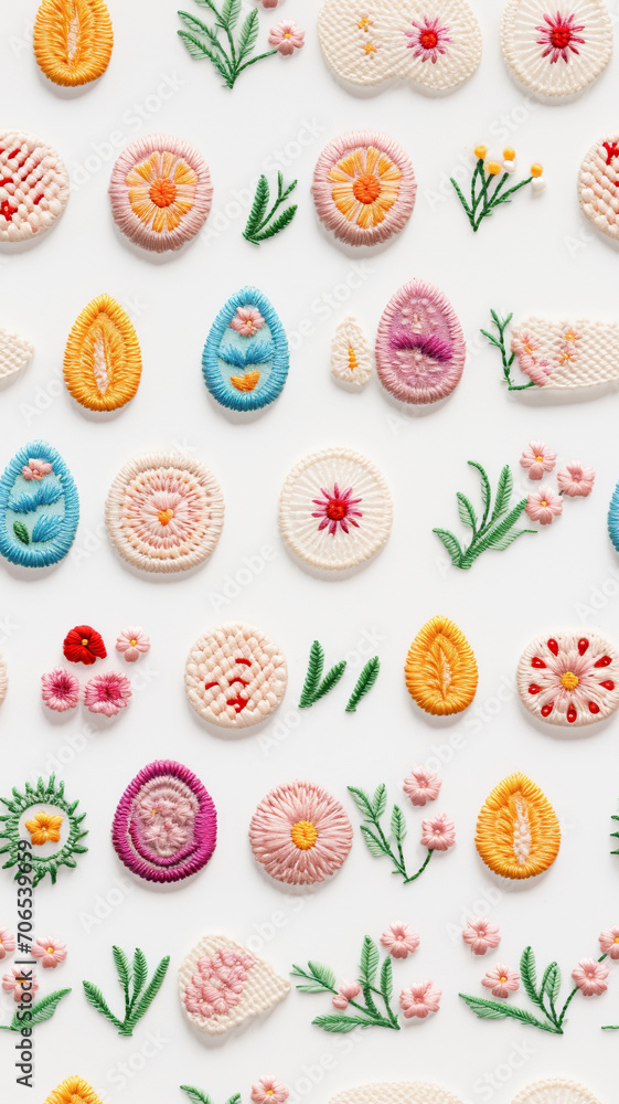 Vibrant vertical embroidery of Easter decoration showcasing detailed stitch work Vibrant vertical embroidery of Easter decoration showcasing detailed stitch work