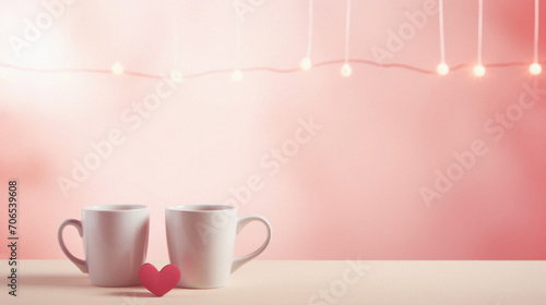 Two cups of coffee or tea with heart shape and garland on pink background.