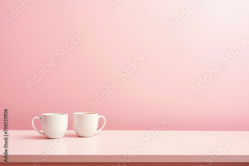 Coffee cup on pastel pink background with copy space.