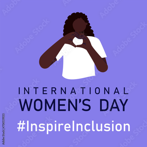 Inspire inclusion banner for International Women's day. IWD 2024 campaign with black skinned woman making heart gesture and slogan on purple background. Vector illustration