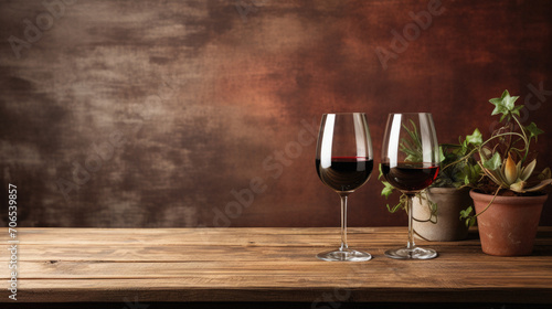 Two glasses of red wine on wooden table over rustic background.