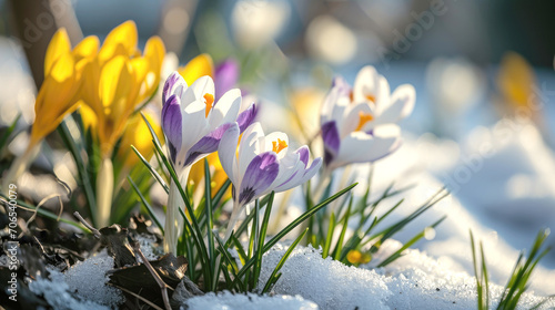 Early spring crocuses through melting snow, winter to spring background © Top AI images
