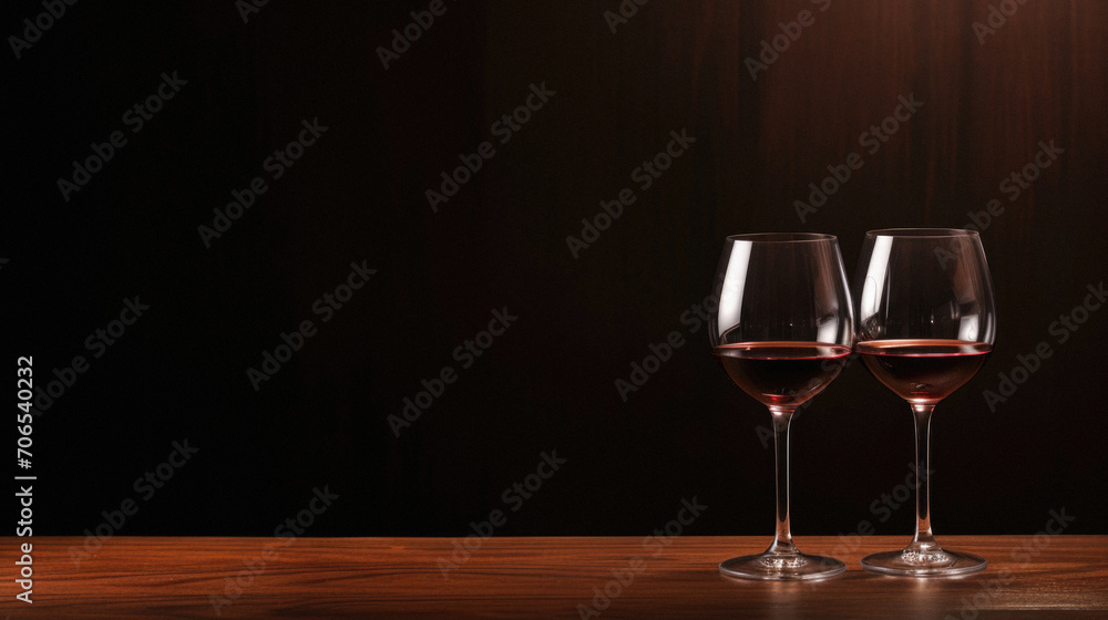 Two glasses of red wine on wooden table over dark background with copy space. Two glasses of red wine on wooden table over dark background with copy space.