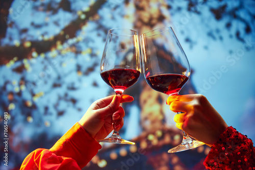 Photography Two friends chased by glasses with wine near the the main attraction in France