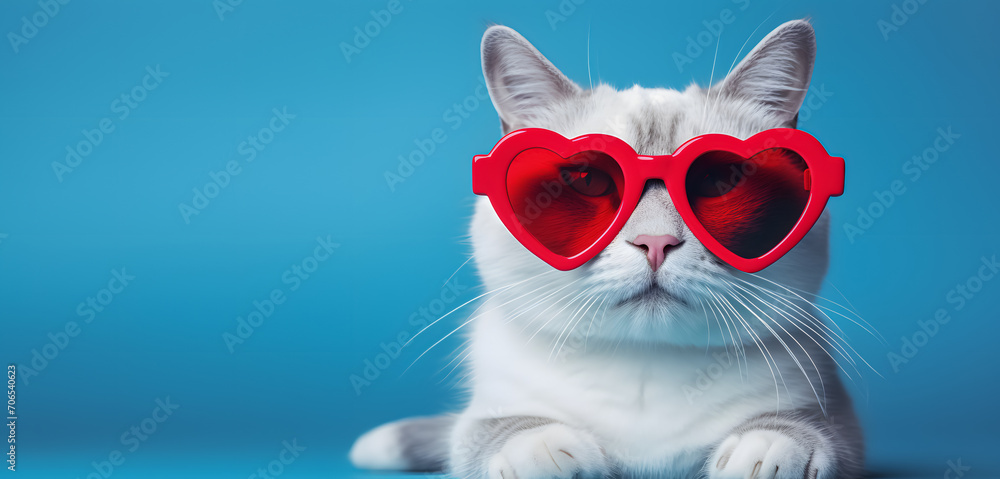 Beautiful white cat with red heart-shaped glasses on a blue background