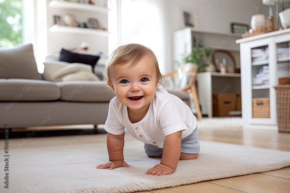 A crawling European-American baby is coming from the right side of the living room, A crawling European-American baby is coming from the right side of the living room,