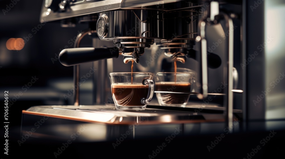 Espresso pouring into a glass, rich crema, coffee machine in action Espresso pouring into a glass, rich crema, coffee machine in action