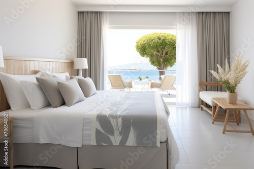 A room with frontal bed with fluffy pillows and white linen in a modern and beautiful bedroom with windows with sunny blue sky outside 