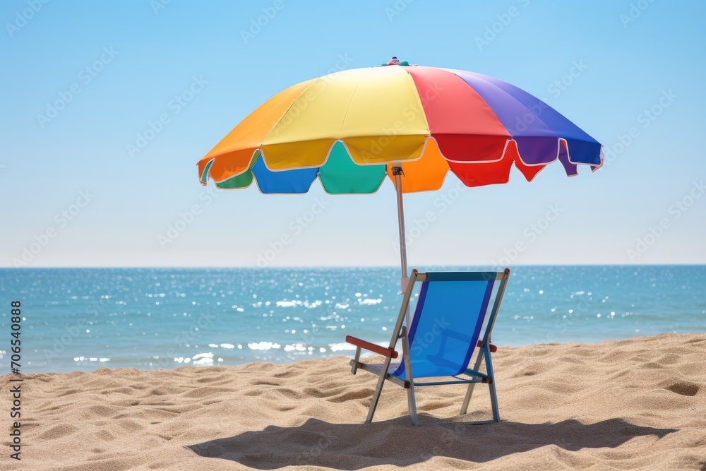 A folding chair was set up on the sandy beach, providing a comfortable spot for relaxation under the shade of a colorful umbrella,