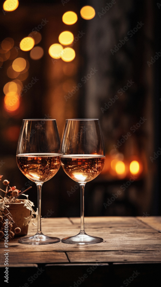 Two glasses of rose wine on a wooden table in a restaurant.
