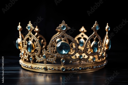 A golden crown with gems is on a dark background. Horizontal banner with a copy space for text