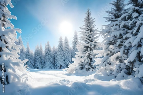 Snowfall in winter forest.Beautiful landscape with snow covered fir trees and snowdrifts.Merry Christmas and happy New Year greeting background with copy-space.Winter fairytale.   © Hassan