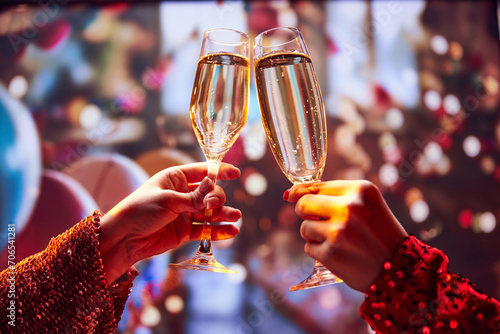 Two hands holding glasses with sparkle wine, champagne at formal event, made toasts and cheers are shared. Blurred background. Selective focus. Concept of Valentines day, alcohol drinks.