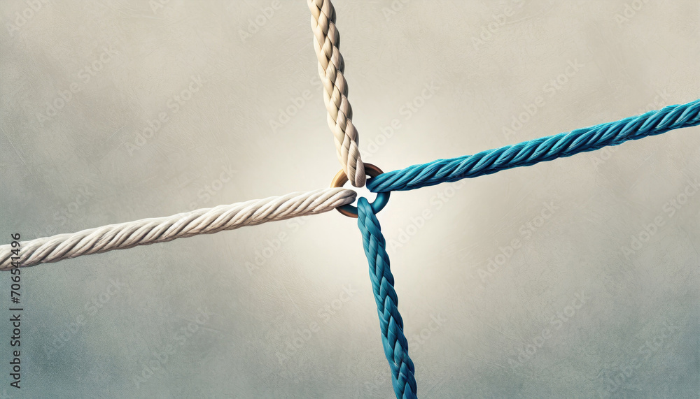 Four colorful ropes tied at a central point, symbolizing teamwork, unity, and integration on a simple blue background.