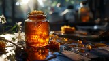 Honey in glass jar and honeycombs on wooden table.
