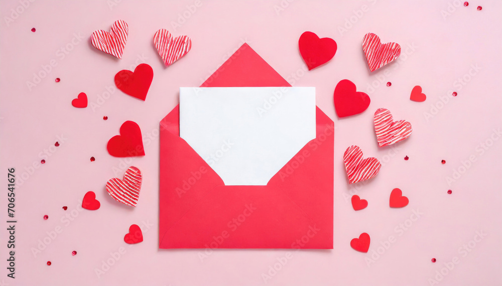 A red envelope with a blank white note surrounded by assorted red and white heart decorations on a pink background, symbolizing Valentine's Day.
