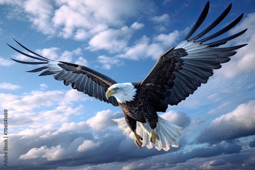 Obraz premium A majestic bald eagle, soaring between the blue sky and white clouds, beauty light, knitted style,
