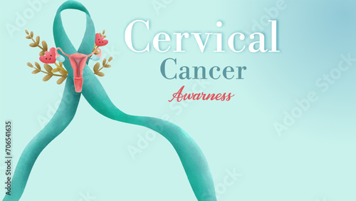 Cervical Cancer Awareness green butterfly web banner for support and health care. Template for Infographics for Websites Magazines. Flat Cancer Awareness Month. Vector illustration.