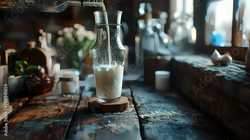 Pouring milk into a glass on a wooden table in the kitchen
