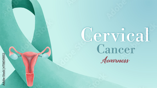 Cervical Cancer Awareness green butterfly web banner for support and health care. Template for Infographics for Websites Magazines. Flat Cancer Awareness Month. Vector illustration.