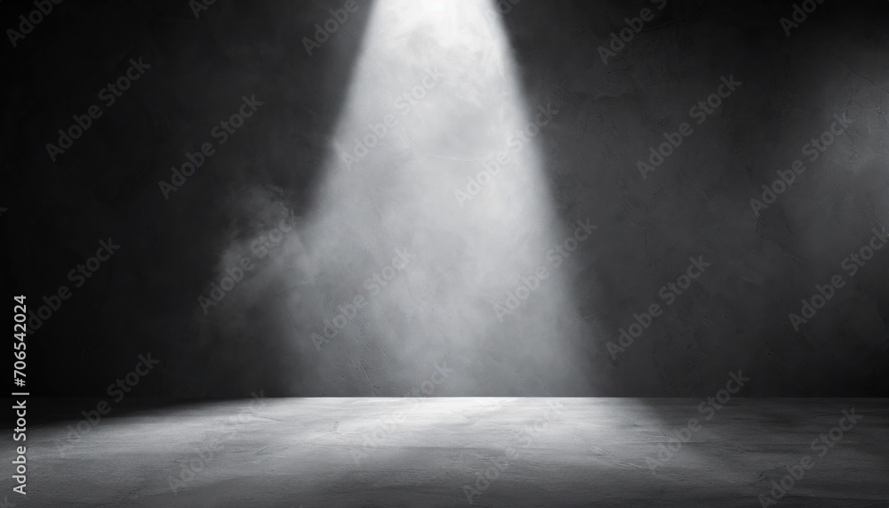 Spotlight illuminates a smoky, empty dark room, creating a dramatic and moody atmosphere. Spotlight illuminates a smoky, empty dark room, creating a dramatic and moody atmosphere.